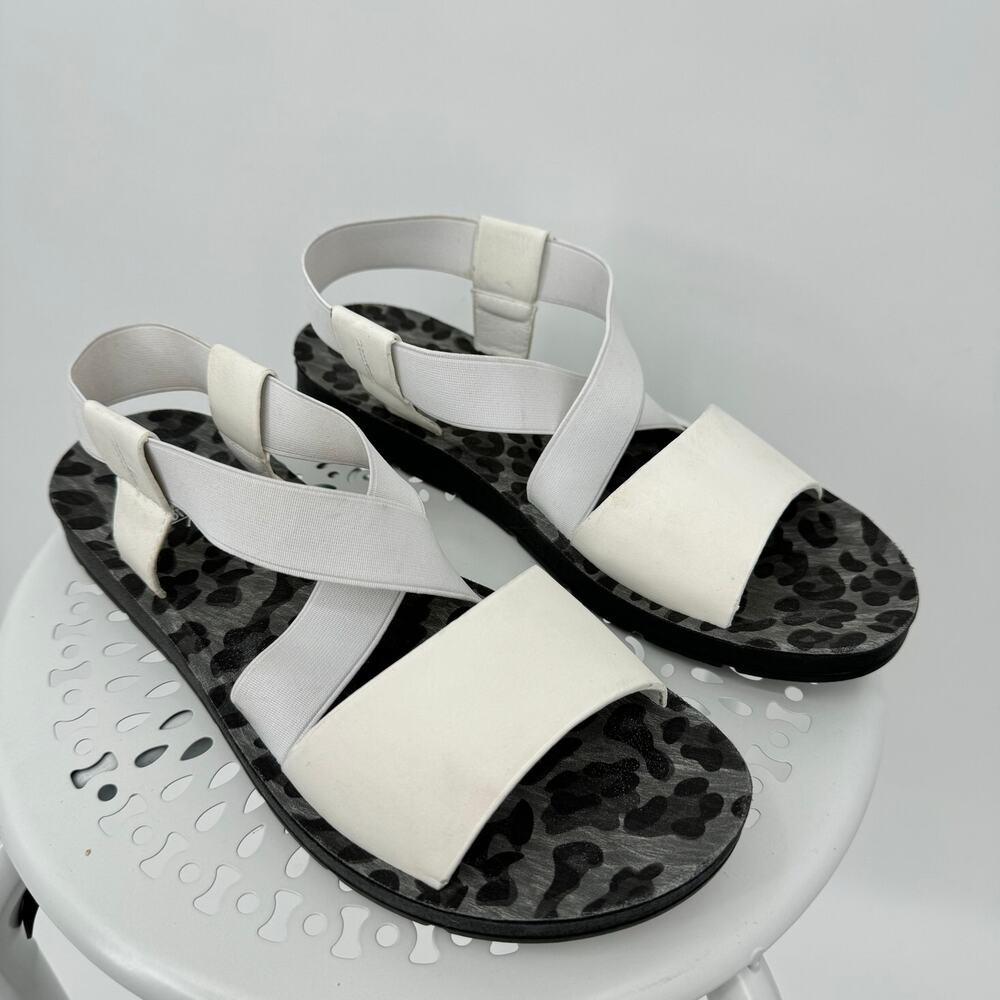 Corkys Thrive 8 sandals vegan leather stretch cross strap open toe flat white